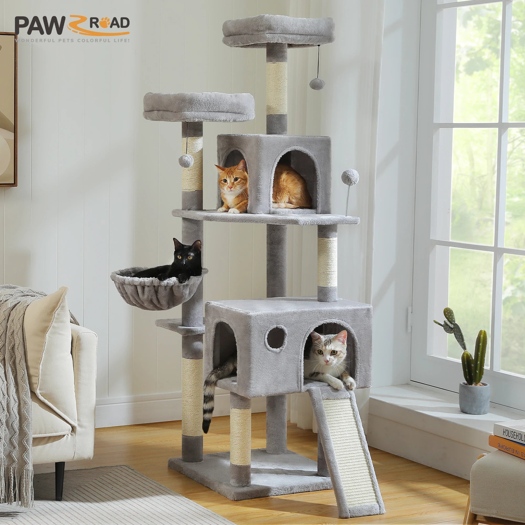 Stable&Safe Multi-Level Cat Tree Tower with Cozy Condo,Scratching Posts&Boards,Perches,Hammock,Pompoms for Active Cats,Cat Toys