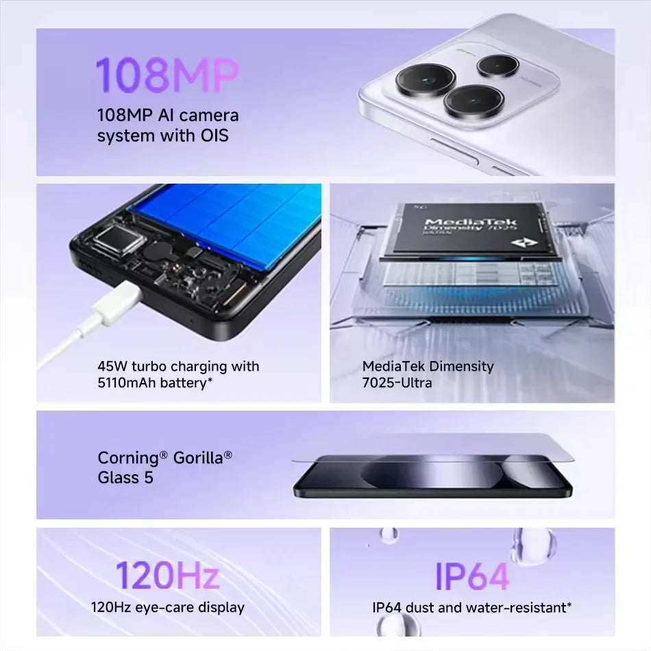 Global Version Xiaomi Redmi Note 14 5G Smartphone NFC MTK Dimensity 7025-Ultra 108MP Camera 5110mAh Battery 45W Turbo Charging