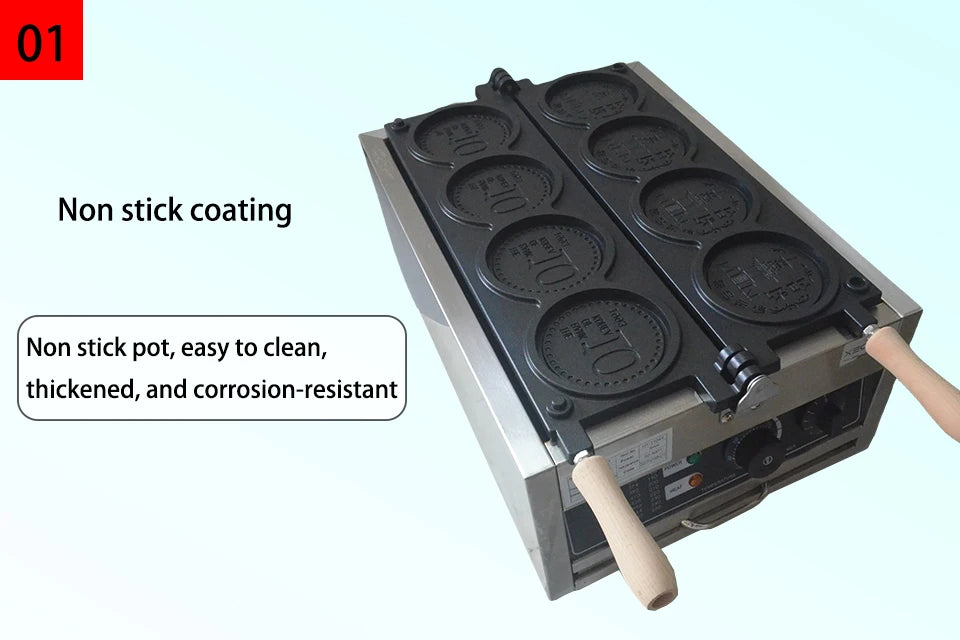 XEOLEO Commerical 4PCS Korean Coin Waffle Maker 3000W Non-stick Coating Gold Coin Bread Waffle Making Maker Electric/Gas