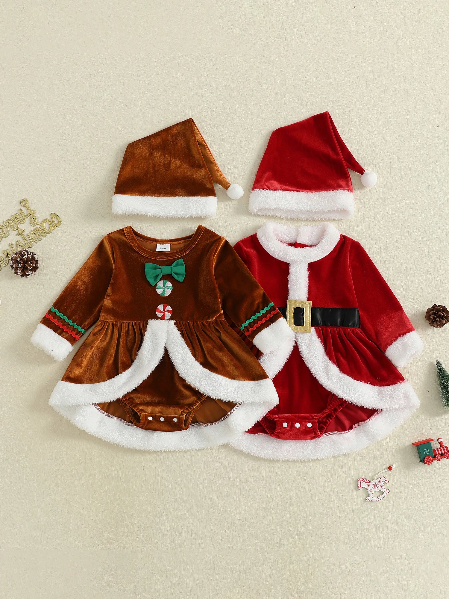 Baby Girl Christmas Outfit Plush Long Sleeve Romper Dress Hat Santa Costume 2 Piece Set