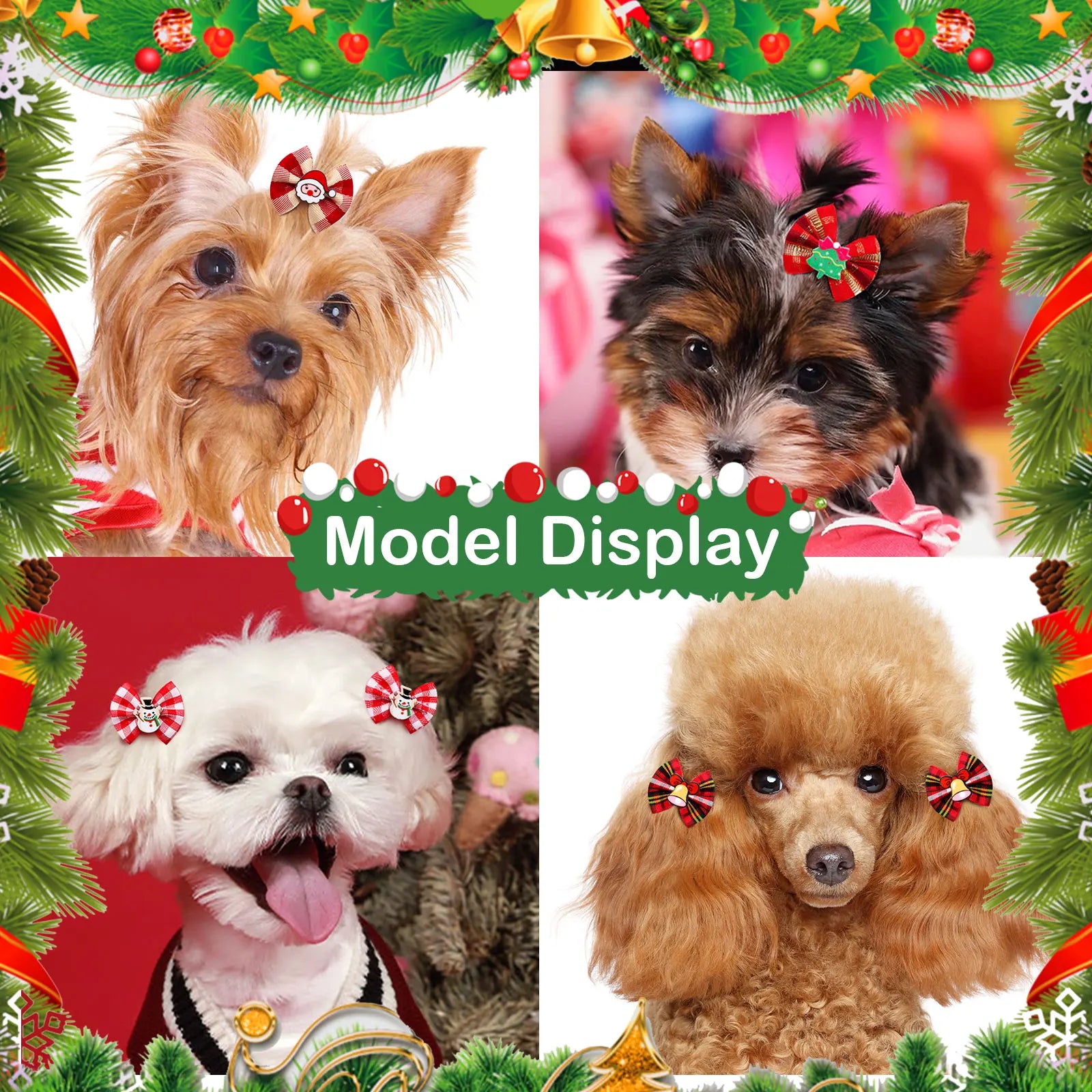 10/20/30pcs Small Dogs Hair Accessories Winter Plaid Dog Bows With Rubber Bands Snowman Ornament Pet Dog Grooming Accessories