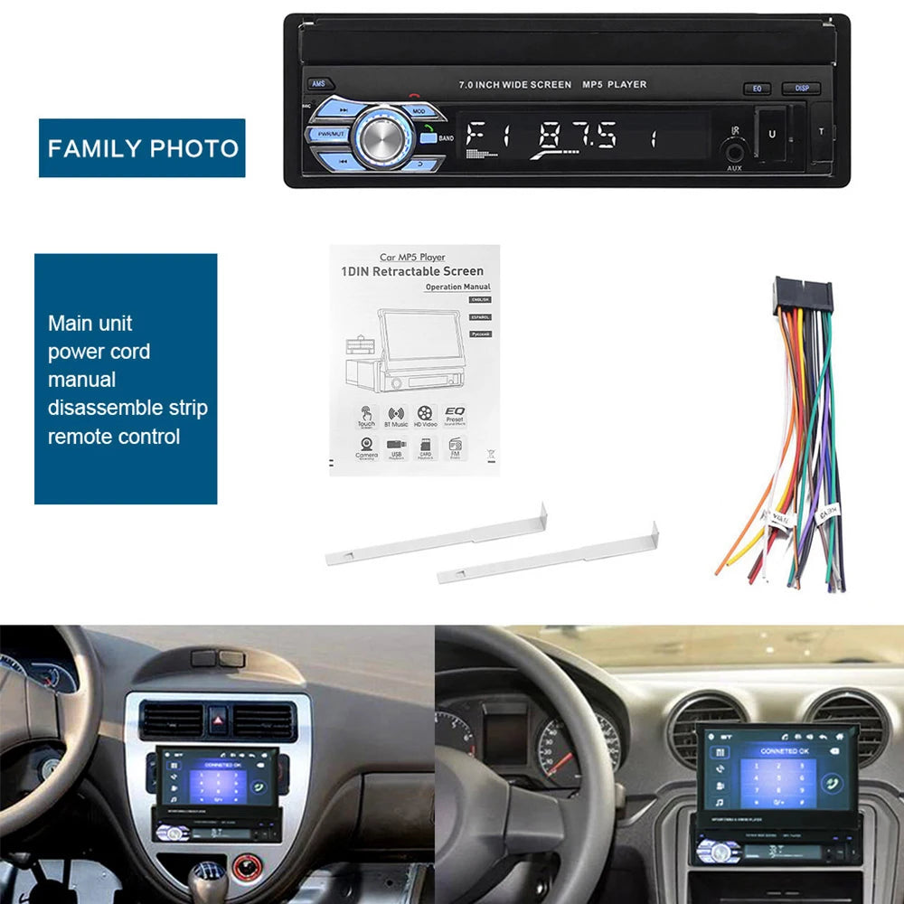 Podofo 1Din MP5 Player Mirrorlink Multimedia Player Bluetooth FM USB EQ 4Core 7 ''Retractable Screen Touch Screen Car Radio