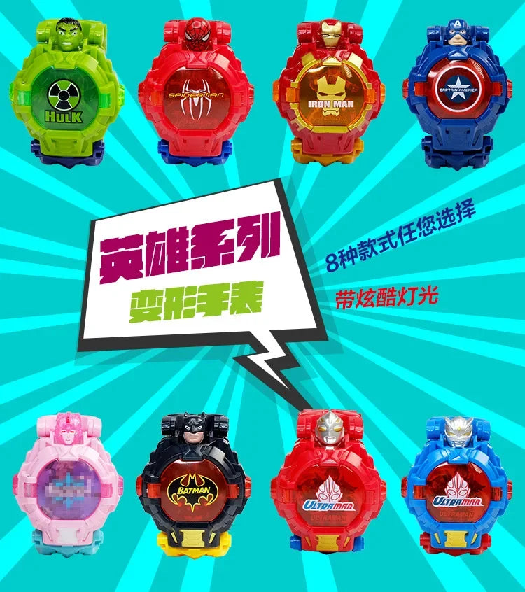 2026 Hot Marvel Iron Man Spiderman Cartoons Children's Watch Deformation Robot 3d LED Luminous Watch Children's Model Toy Watch