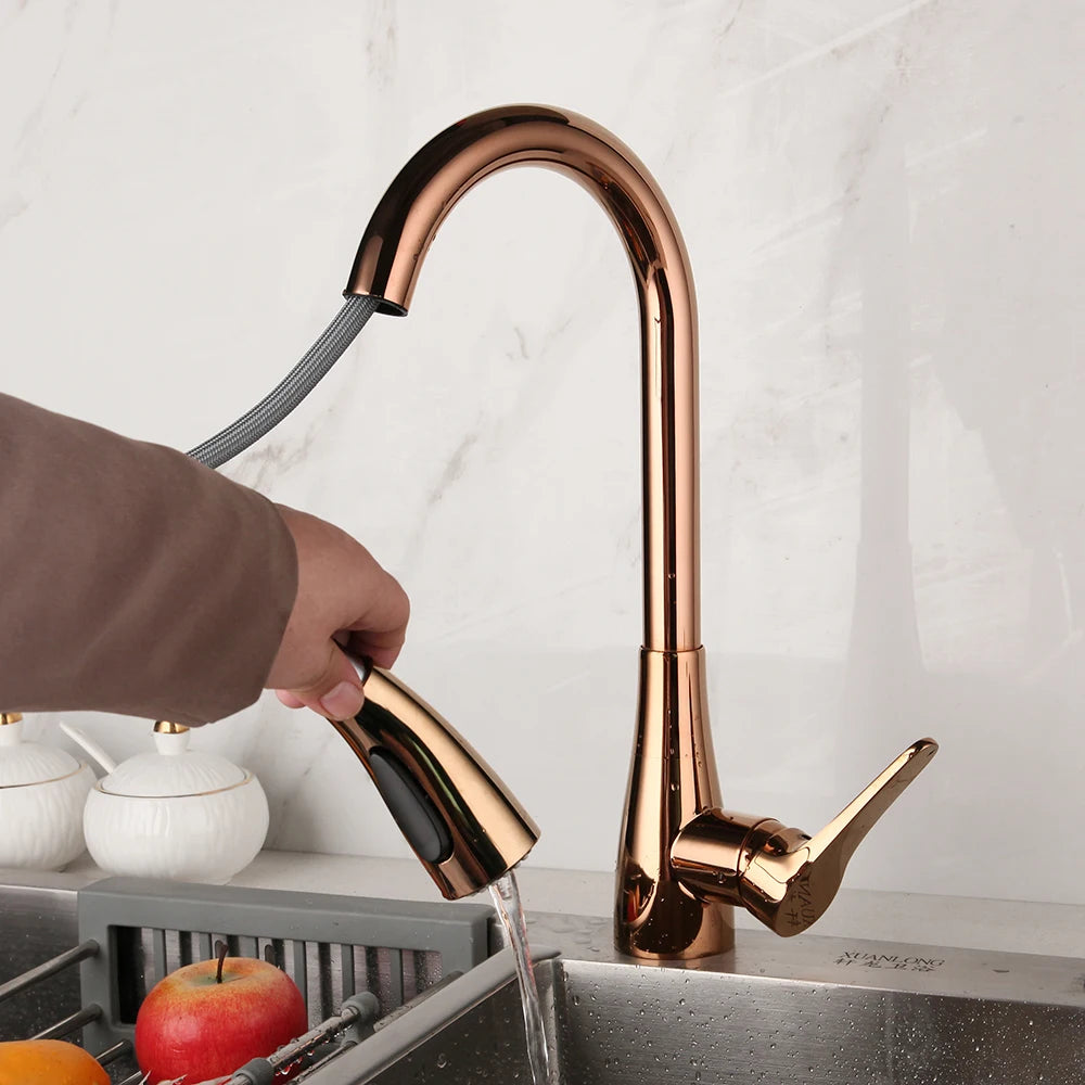 KEMAIDI Rose Gold Kitchen Sink Faucet Black Single Handle Pull Out Kitchen Tap Single Hole Taps 360 Swivel Hot Cold  Water Mixer