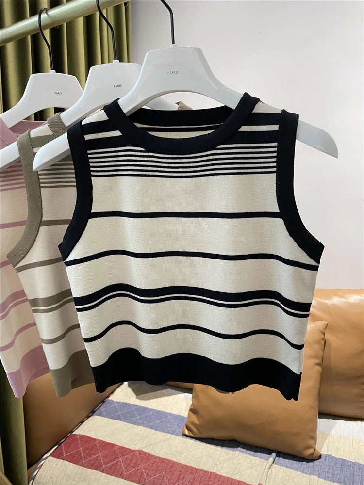 New Fashion Blocking Korean Style Crop Tops Knitted Striped Vest Women's Sleeveless Round Neck Versatile Tank Tops Ladies Basic