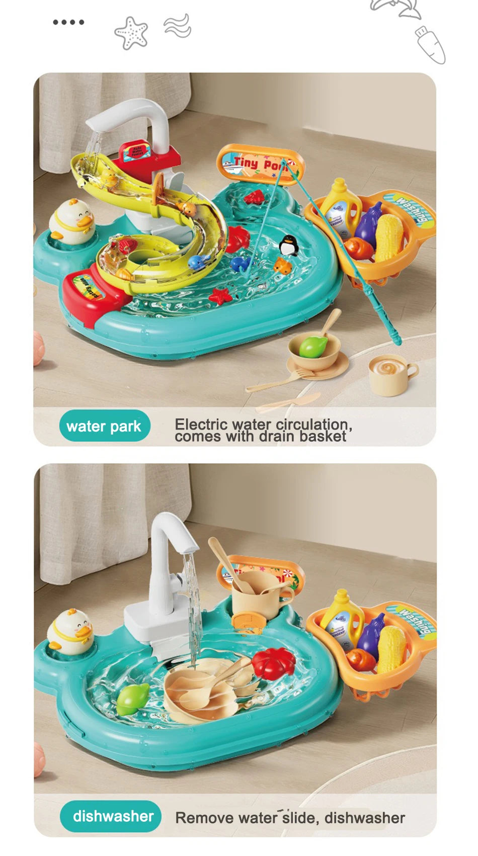 Kids Kitchen Sink Toys Electric Dishwasher Playing Toy With Running Water Pretend Play Food Fishing Toy Role Playing Girls Gift