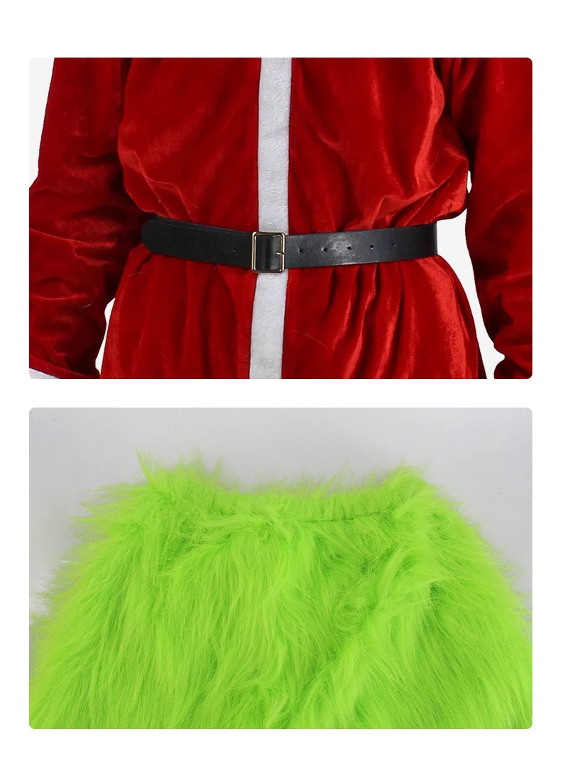 Merry Christmas Grinch Cosplay Costumes Green Thief Plush Mask Pants Gloves Red Santa Claus Hat Tops Socks Holiday Set Xmas Gift