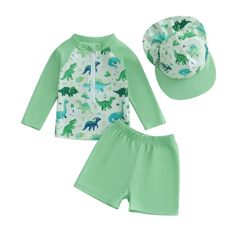 0-36months Toddler Boys Rash Guard Swimsuit Set Animal/Coconut Tree Print Long Sleeve Tops with Shorts and Swim Hat