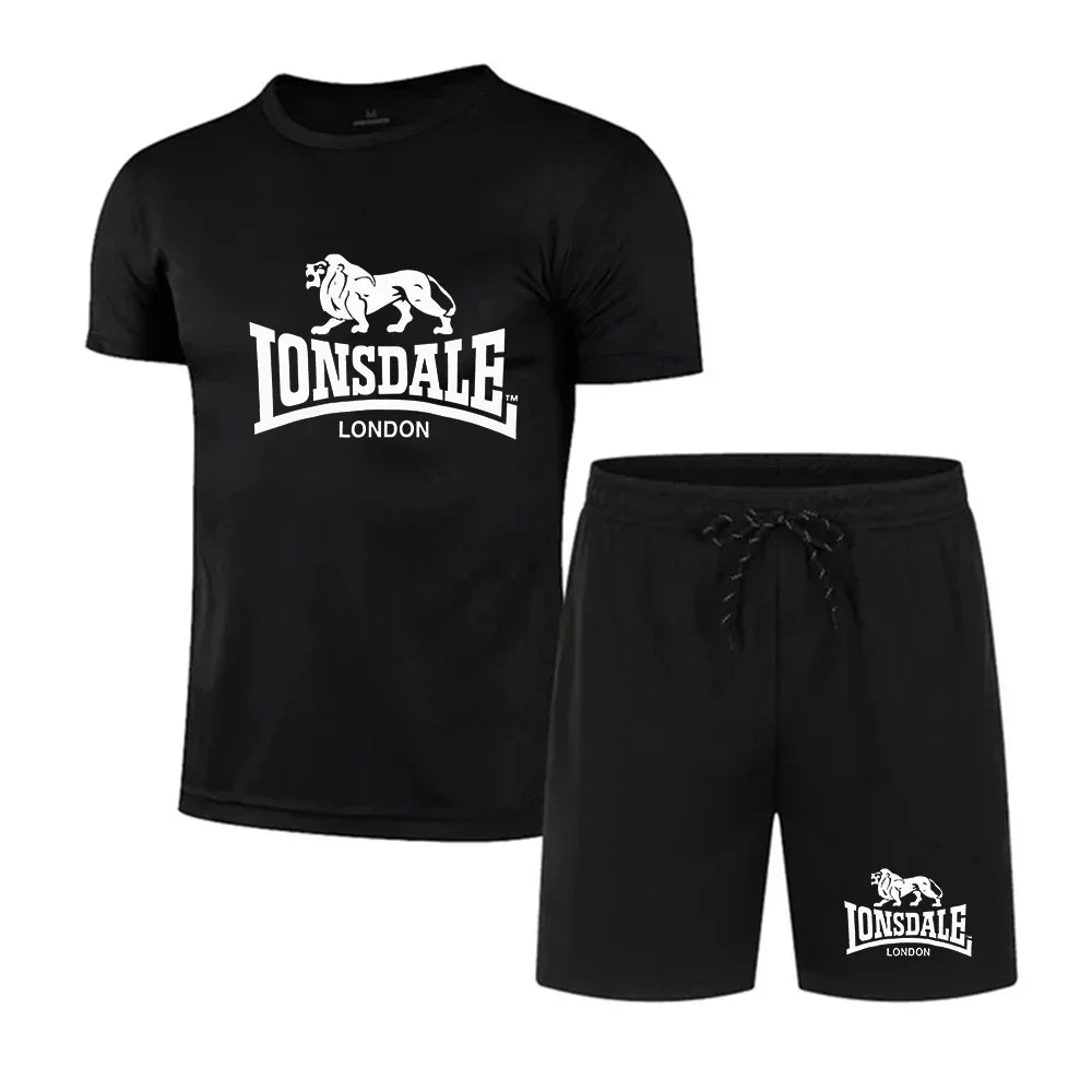 Men's summer T-shirt+shorts mesh set Lonsdale printed quick drying breathable sports set short jogging gym casual sportswear