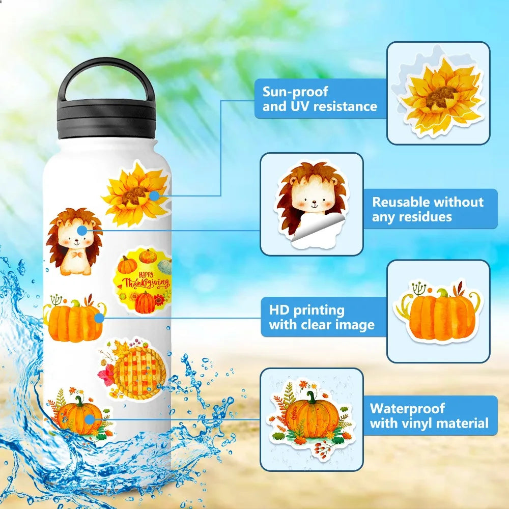 50Pcs Cartoon Thanksgiving Day Sticker Funny Pumpkin Turkey Autumn Maple Leaf Graffiti Decals DIY Laptop Luggage Skateboard