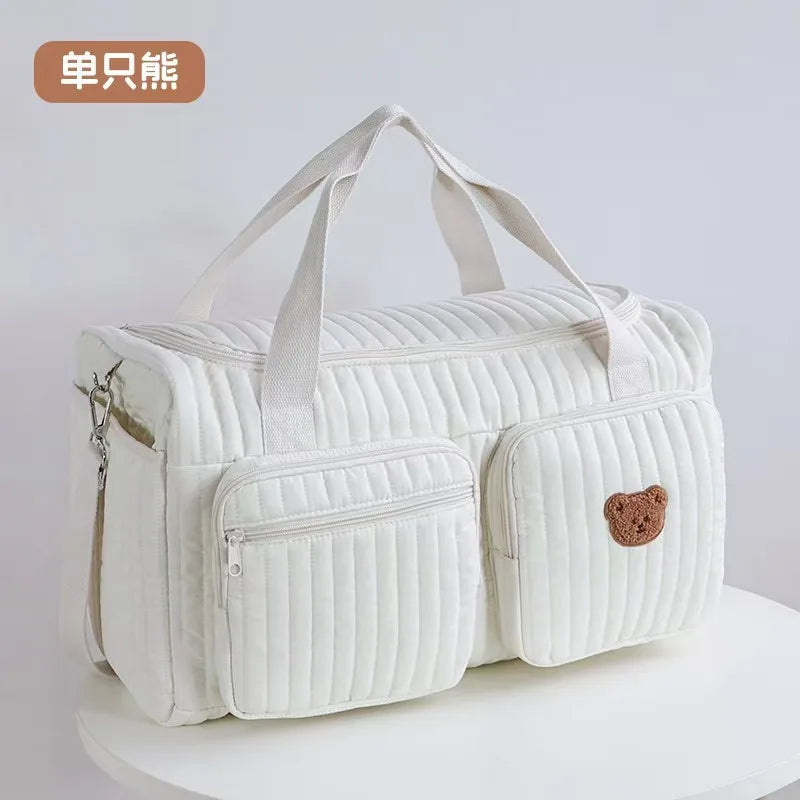 Baby Diaper Bag Cute Bear Flower Embroidery Pattern Mommy Bag Baby Beige Cotton Fabric Zipper Diaper Handbag New Luggage Bag