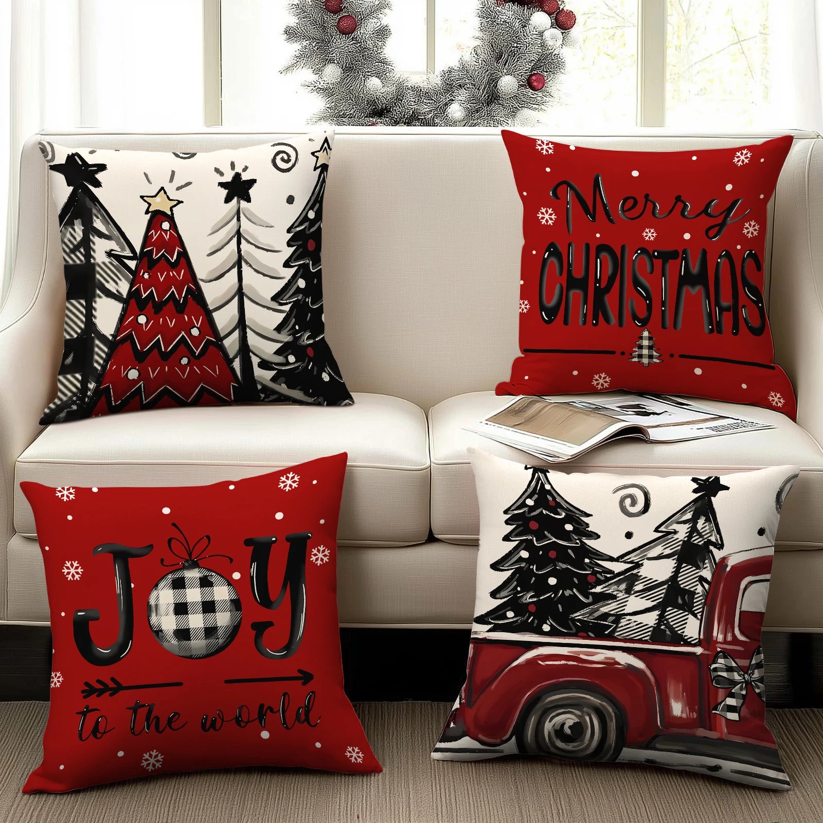 1/4pcs Retro Christmas Pillowcase, Christmas Ball, Christmas Tree, Retro Truck Design, Cushion Cover, Christmas Decorations
