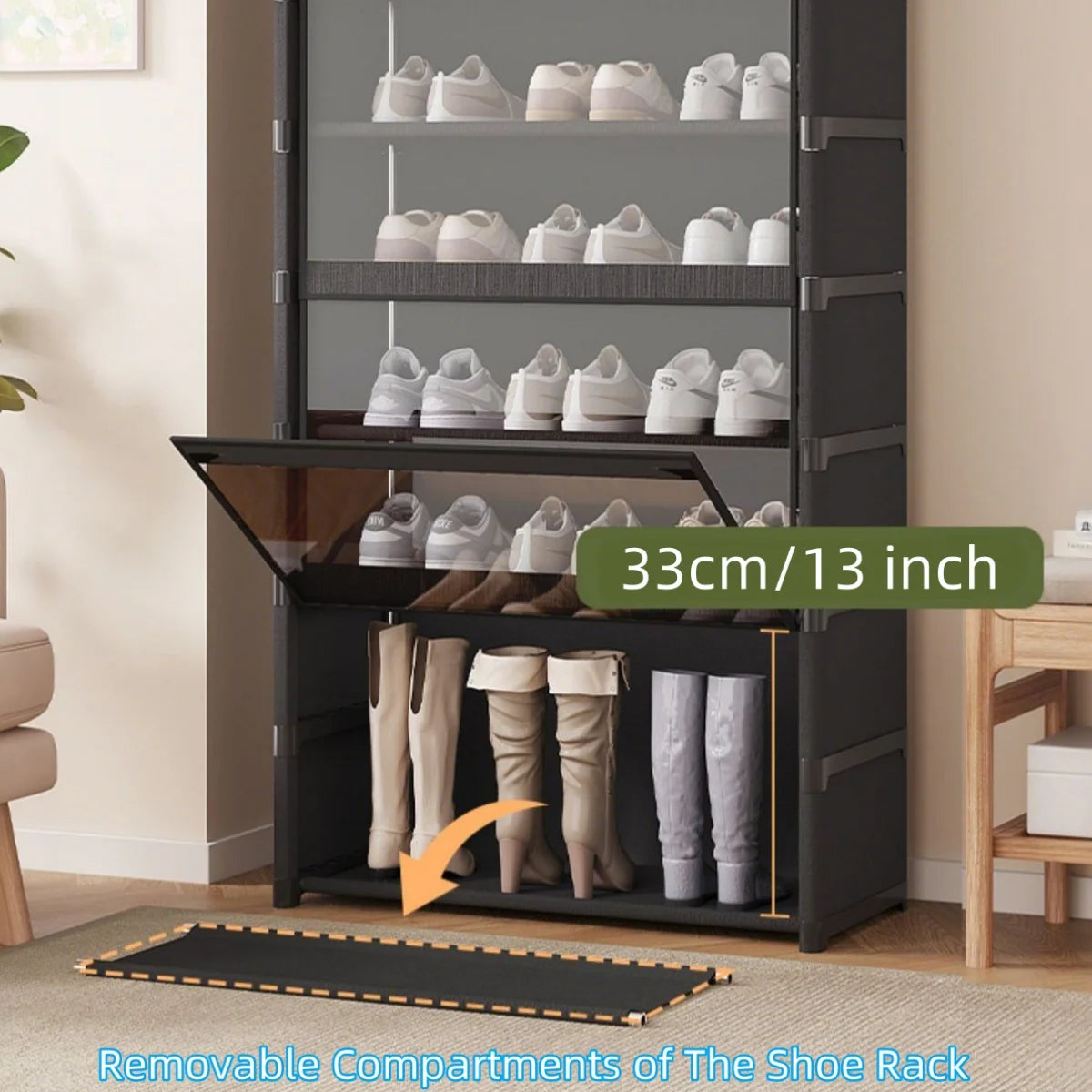 Grand support organisateur de rangement de chaussures anti-poussière avec porte transparente, boîte d'armoire de rangement pour pantoufles et baskets, étagère empilable haut en plastique
