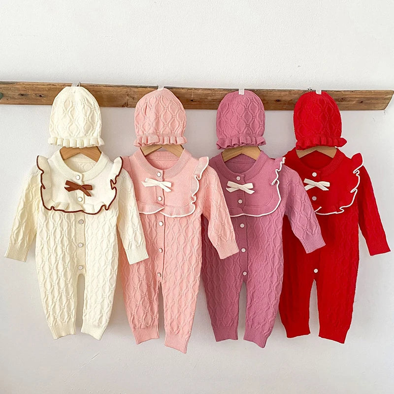 Christmas Baby Rompers Clothes Hat Autumn Winter Knitted Bow Newborn Girls Jumpsuits Fashion Solid Plain Toddler Kids Rompers