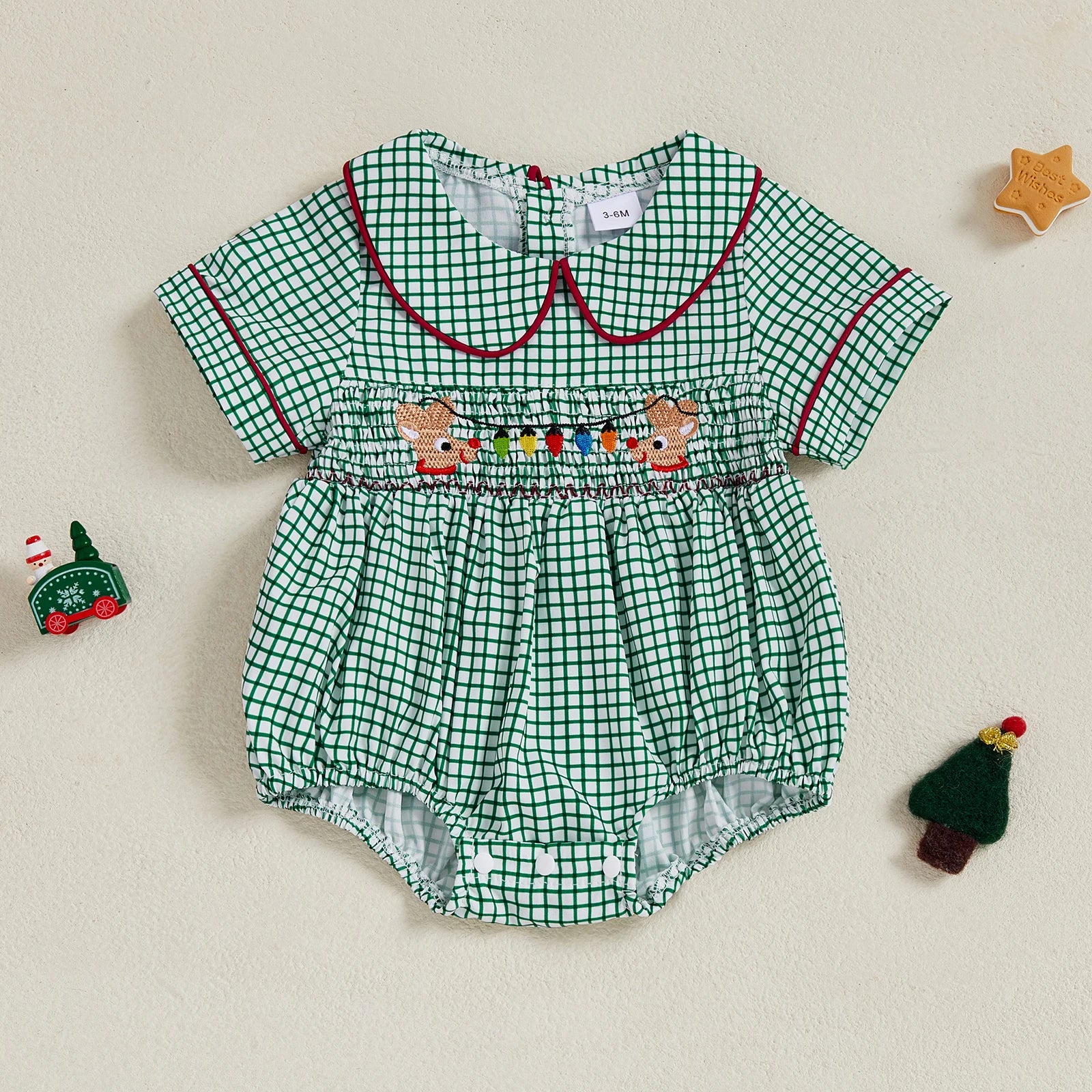 0-18M Infant Baby Girls Boys Christmas Romper Plaid Print Lamp String Embroidery Short Sleeve Doll Collar Bodysuit/Tank Jumpsuit