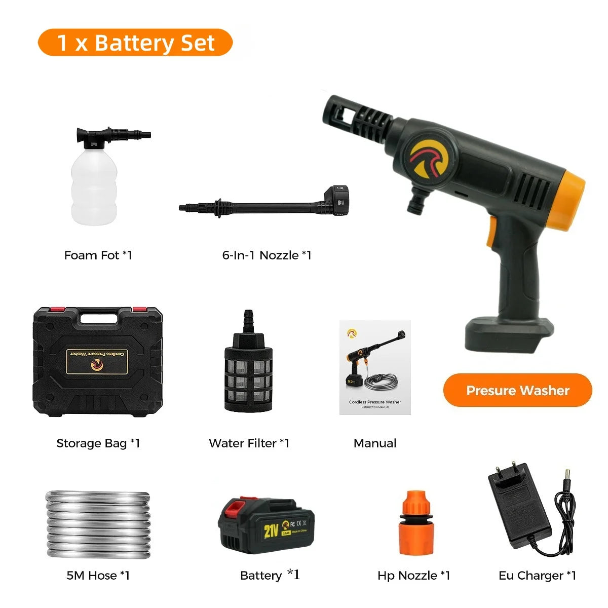 40Bar 3500W Brushed Electric High Pressure Washer 6-in-1 Car Washing Garden Water Spray Gun For Makita 21V Battery