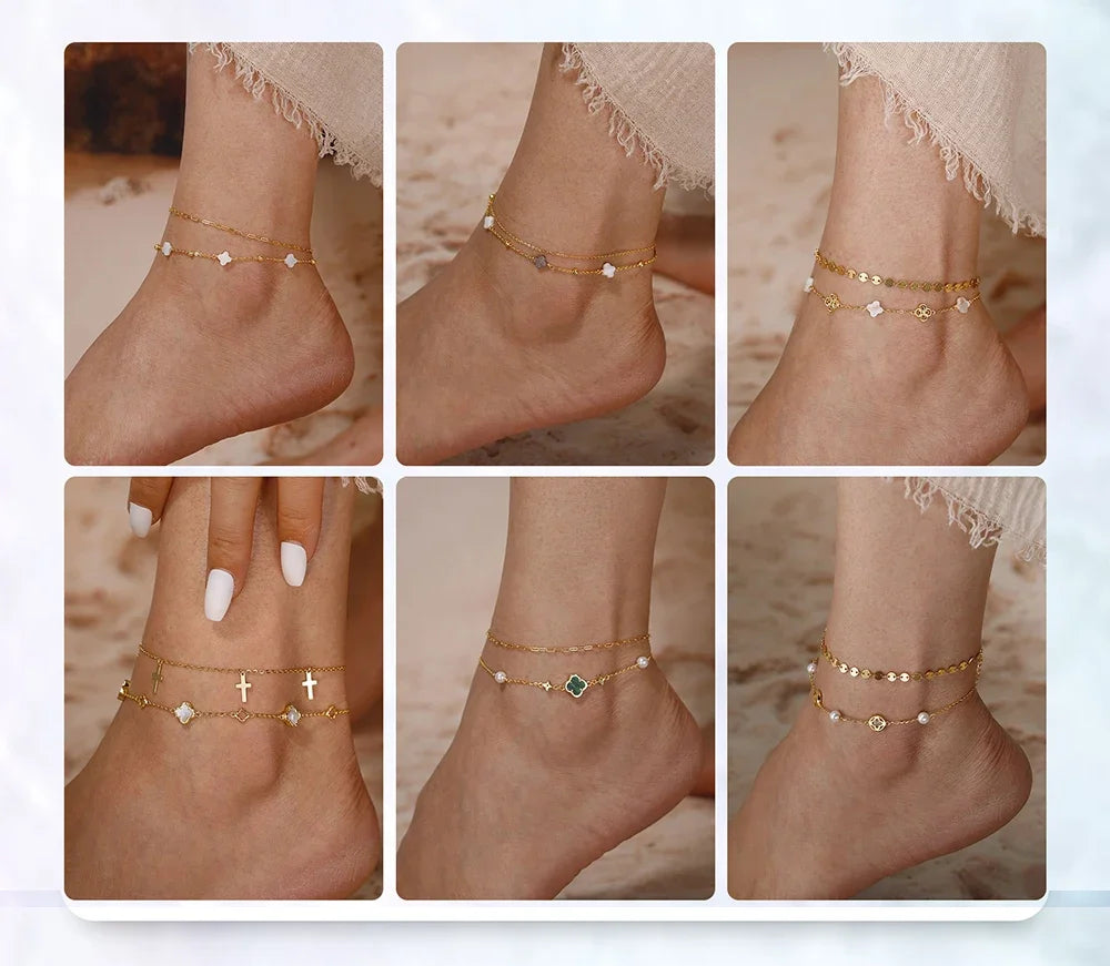 Rinntin Genuine 925 Sterling Silver Double Layer Clover Chain Anklet Lucky Clover Charm Anklets Bracelet Female Jewelry GMA02