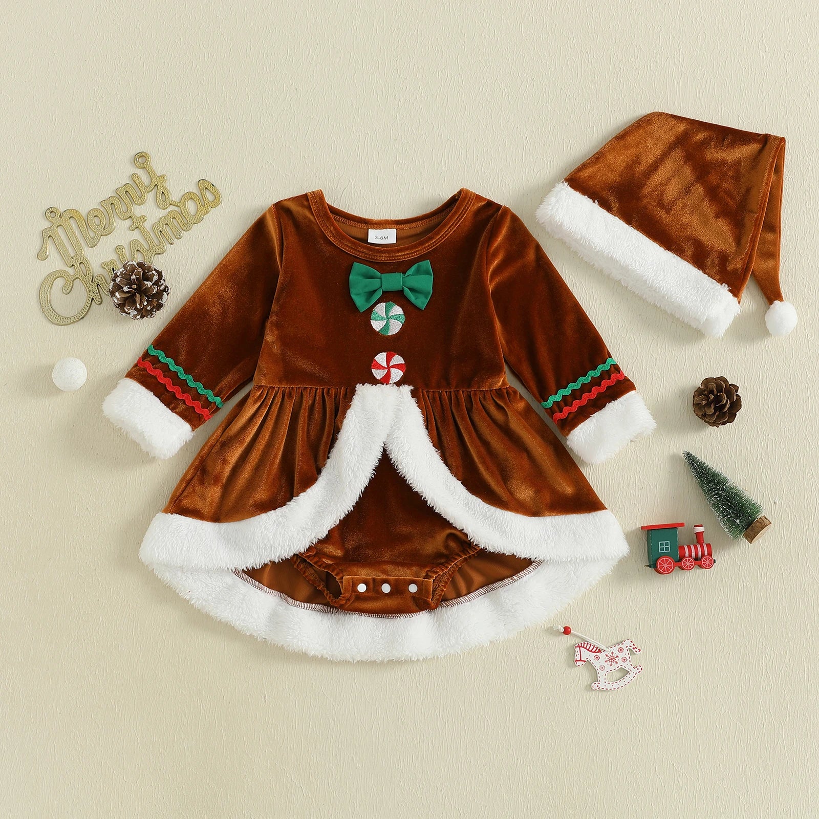 Baby Girl Christmas Outfit Plush Long Sleeve Romper Dress Hat Santa Costume 2 Piece Set