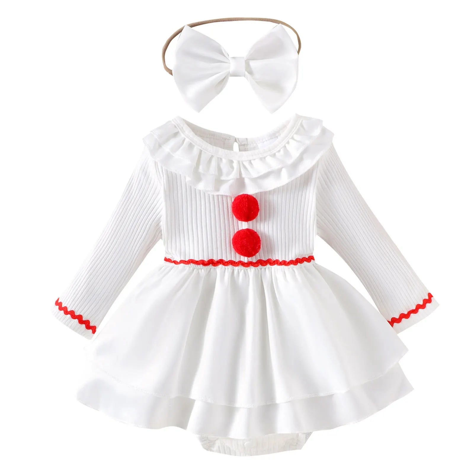 Baby Girl Halloween Creepy Clown Cosplay Costume Long Sleeve Layered Ruffled Gray Joker Dress Romper for Theme Party Photo Shoot