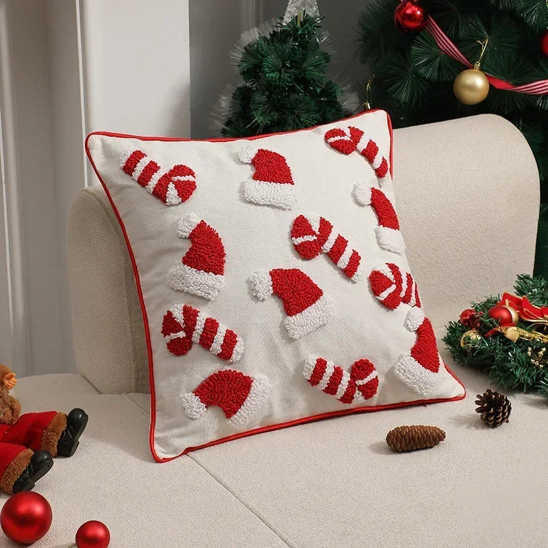 1/2 PCS Christmas Plush Pillowcase 3D Santa Hat Cane Pattern Hidden Zipper Closure Pillowcase New Year Party Decoration