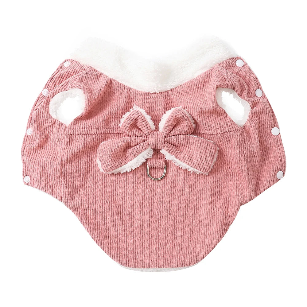 Winter Pet Clothes Cozy Thicken Fleece Solid Kitten Sweater For Small Cats Dogs Cute Bow Jacket Coat With D-Ring Sphynx Costume