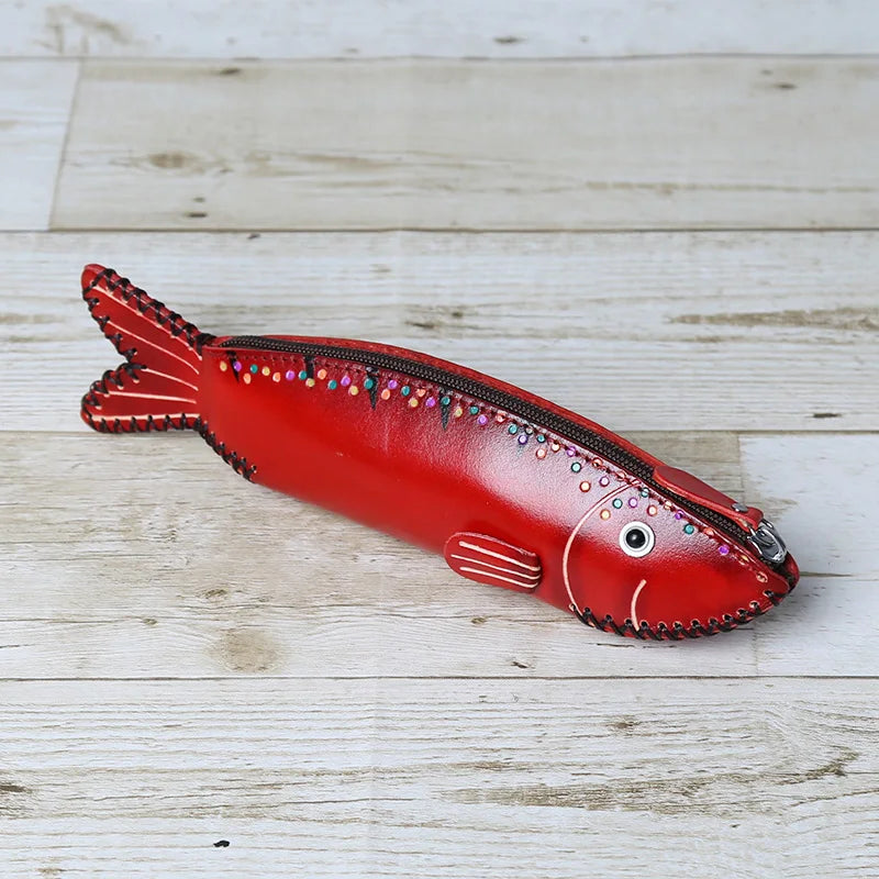 Head Layer Cowhide Creative Pencil Case Salted Fish Flip Storage Bag Personalized Fish Zero Wallet Storage Gift Giving Work Gift