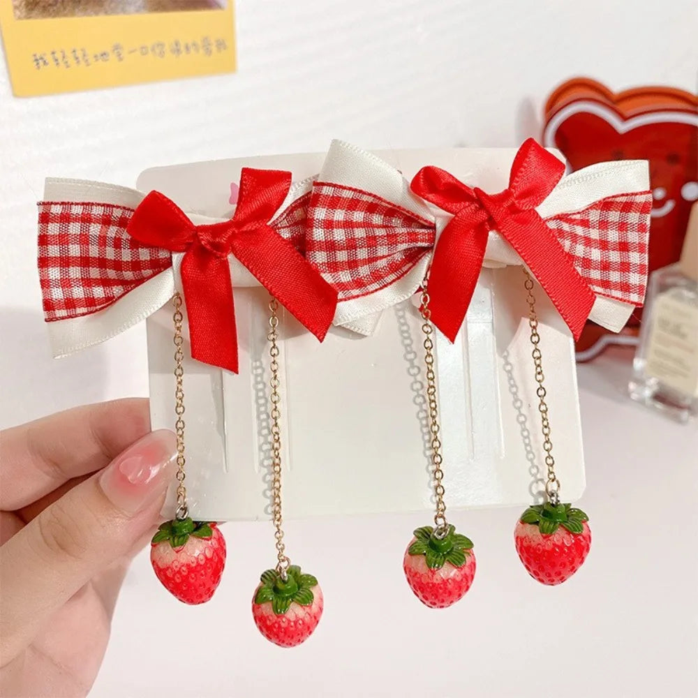 1 paire pince à cheveux cerise rouge barrettes mignonnes couvre-chefs tissu nœud fraise épingles à cheveux côté nœud fleur de tête épingles à cheveux filles