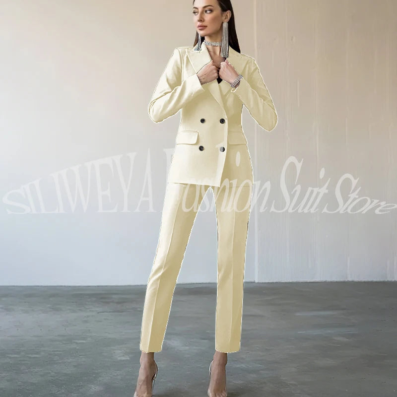 Fashion Chic Burgundy Red Purple Women Suit Double Breasted 2 Piece Jacket Pants Blazer Set Slim Fit Office Lady Female Clothing