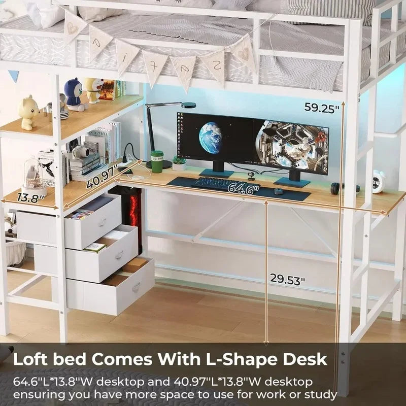 Lit mezzanine avec bureau en forme de L, lumières LED, station de recharge, étagères de rangement et tiroirs en tissu, ensemble de chambre à coucher, meubles de lits superposés