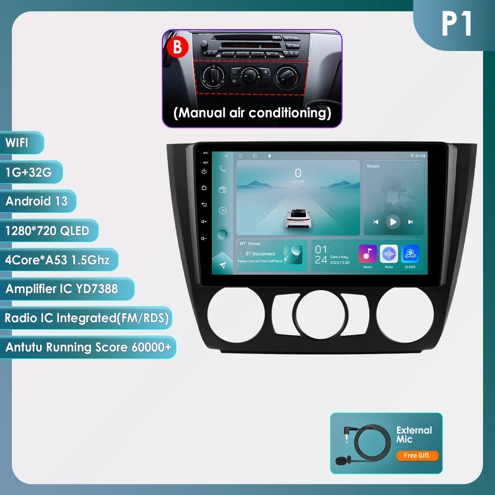 Hizpo 9inch 2Din Android13 Car Radio for BMW 1 Series E81 E82 E87 E88 AT MT Navigation GPS RDS DSP Android Auto CarPlay 360° CAM