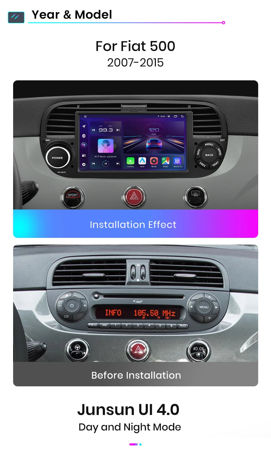 Junsun Android13 Car Radio For FIAT 500 500C Abarth 2007-2015 Car Smart Systems For Apple Carplay FM GPS SWC BT