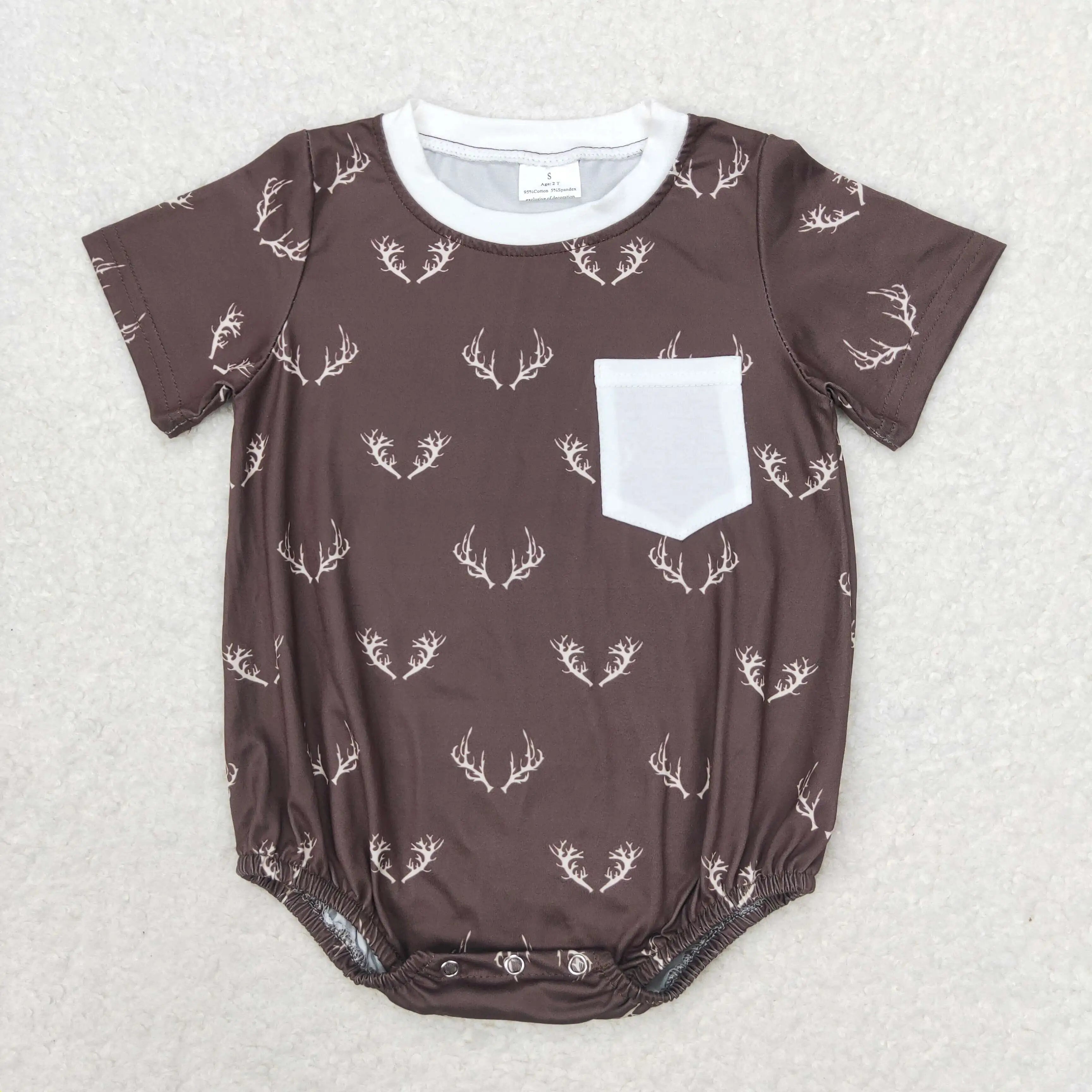 Wholesale Kids Children Short Sleeves Onesie Newborn Toddler Cotton Embroidery Baby Infant Boys Hunting Deer Duck Dog Rompers