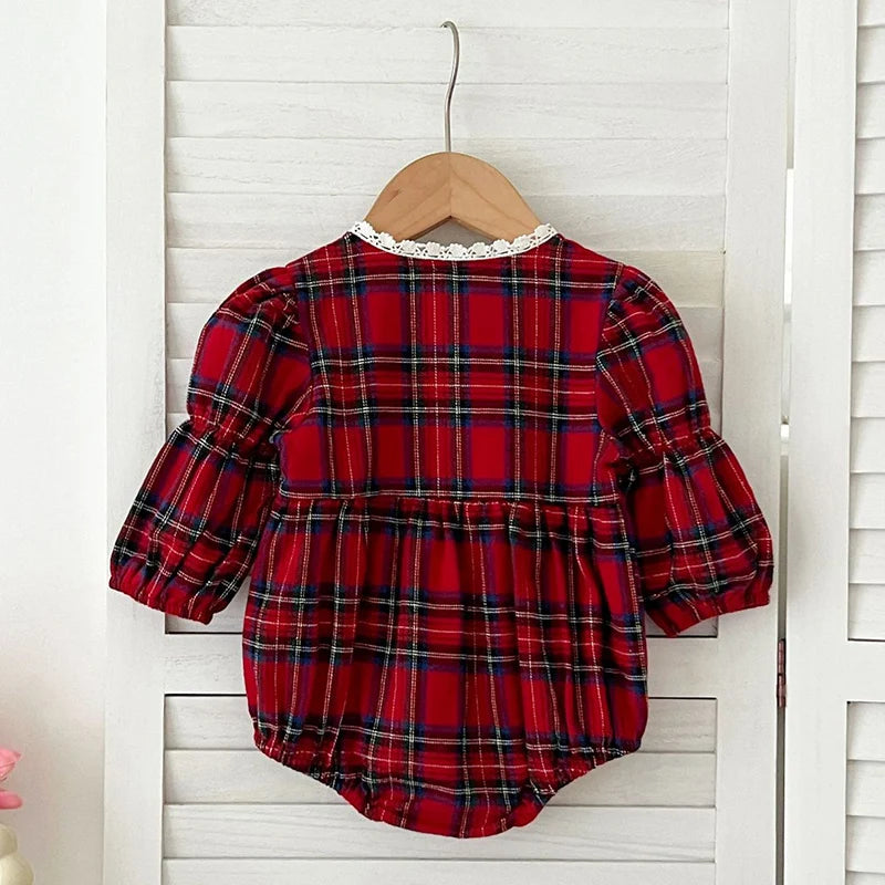 Christmas Infant Baby Girl Romper Autumn Winter Newborn Baby Girl Children Clothes Red Plaid Lapel Long Sleeved Newborn Romper