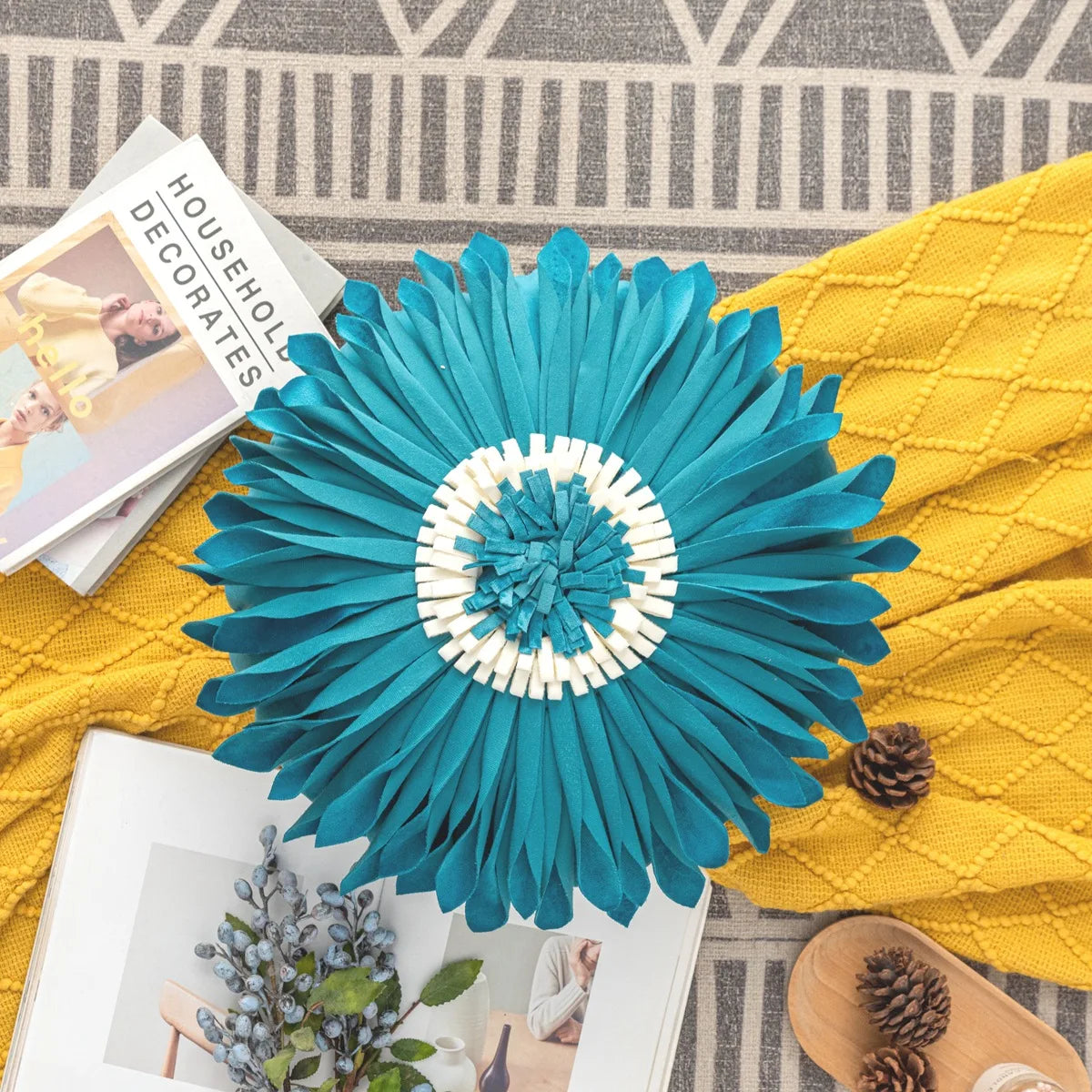Modern Style Yellow White Throw Pillows Round  45*45 Velvet Stitching 3D Chrysanthemum Cushion Cover Waist Blue Cute Pillowcase