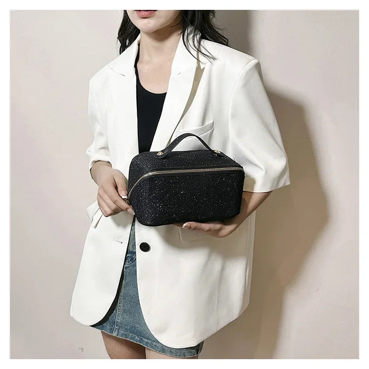 Sac à cosmétiques, grande capacité, design à paillettes fines, sac de toilette léger et pratique