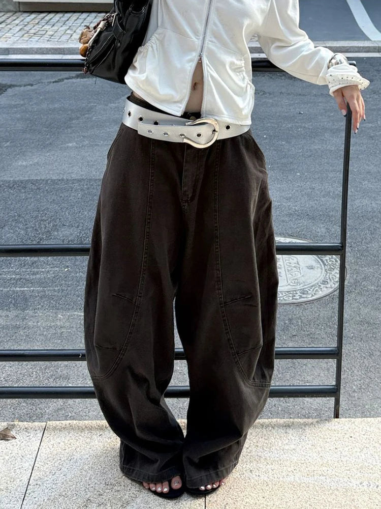 DEAT Fashion Splicing Silhouette Curved Jeans Women's High Waist Loose Wide Leg Denim Pants Autumn New 7A1005