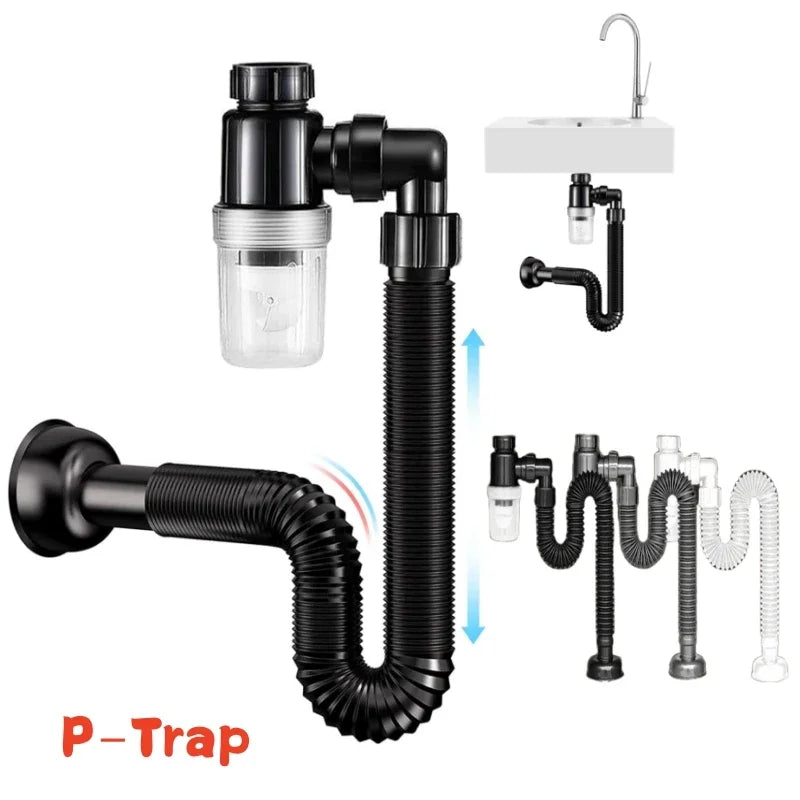 Flexible P-Trap for 30-32mm Drain Pipes Kitchen Sink Washbasin Drainage Pipe Insect-proof Odor-proof Blockage-proof Leak-proof
