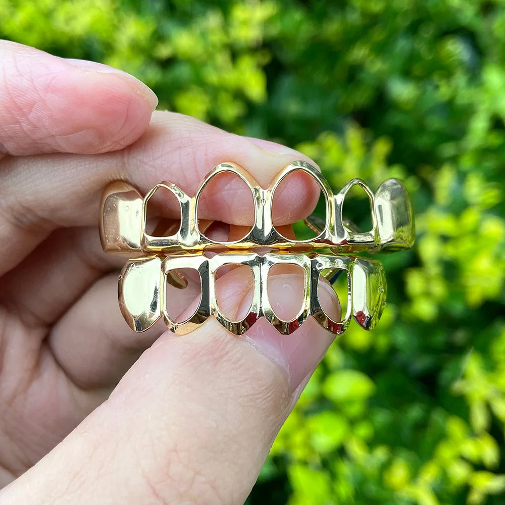 RACHELZ Hip Hop Gold Plated Teeth Grillz Fashion Top Bottom Hollow Tooth Cap Dental Grills For Men Women Jewelry Party Gift