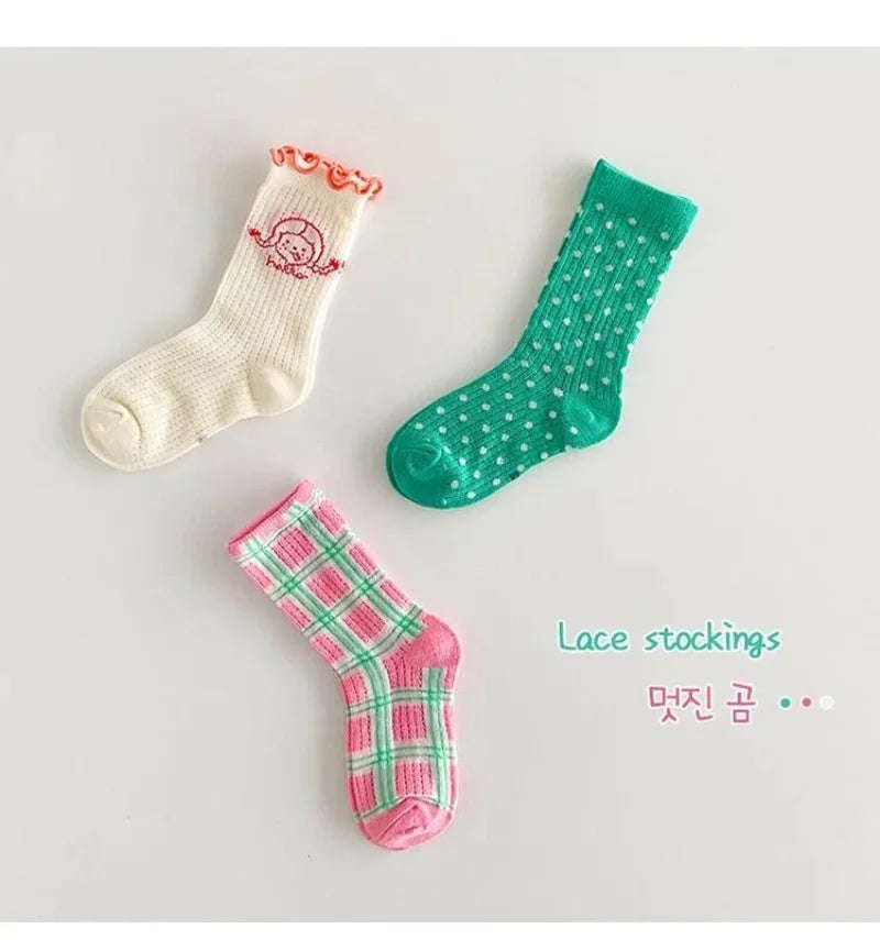 3PCS/Set Girls' Socks Korean Children's Cotton Mesh Mid Tube Socks 2-12Y Baby Girls Kids Versatile Thin Breathable Trendy Socks