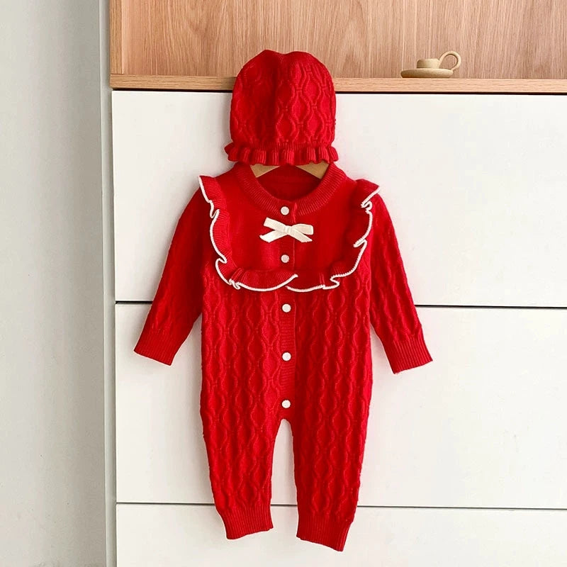 Christmas Baby Rompers Clothes Hat Autumn Winter Knitted Bow Newborn Girls Jumpsuits Fashion Solid Plain Toddler Kids Rompers