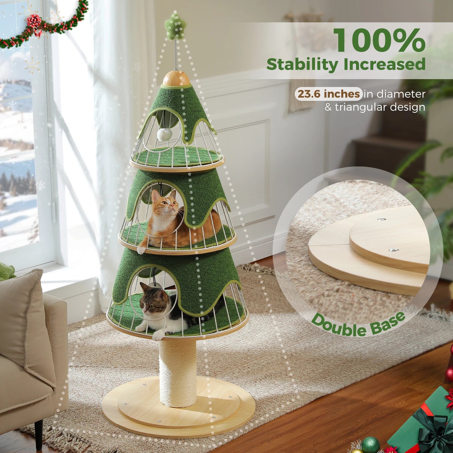 Christmas Cat Tree Tower with 3 Cozy Condos &amp; Pompoms Multi-Level Cat House Bed for Indoor Cats Modern Cat Furniture Cat Toys