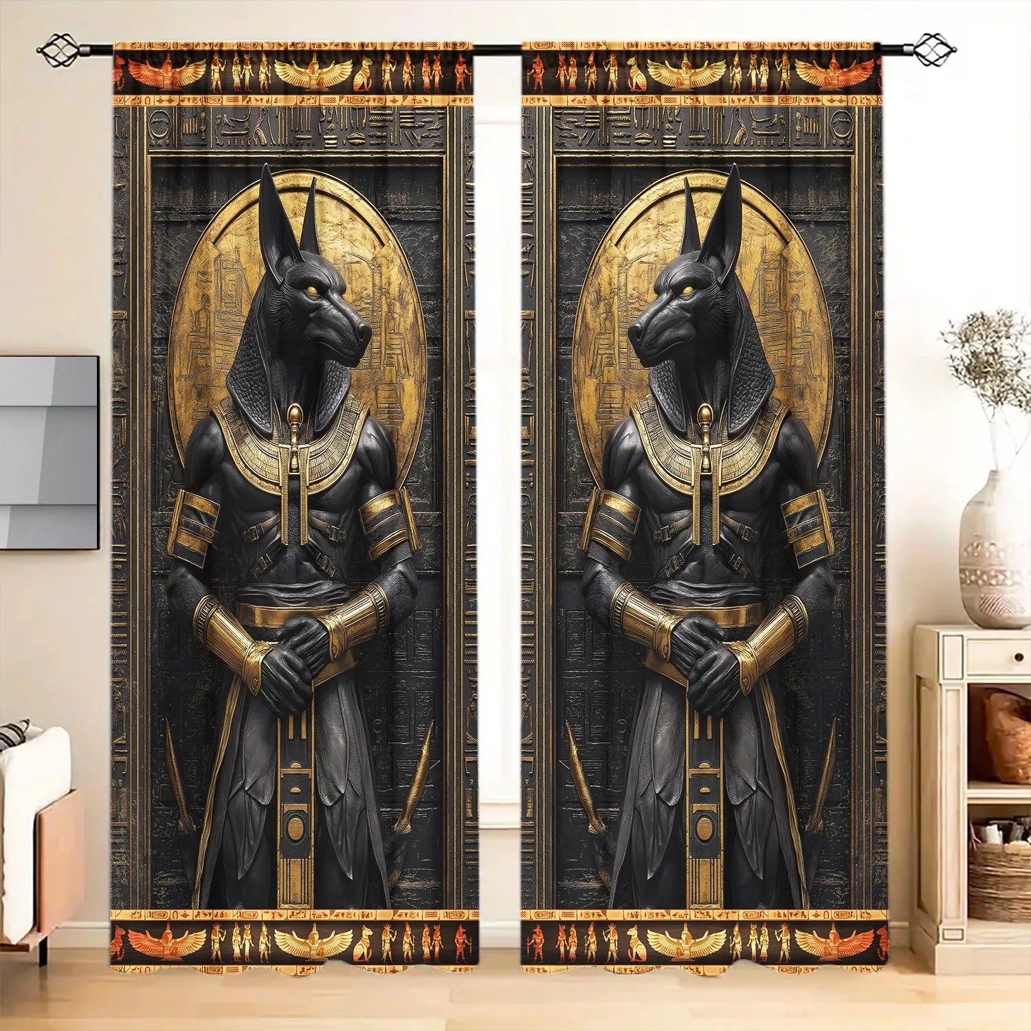 2pcs Anubis Ancient Egypt Printed Curtain - Artistic Home Decoration Curtains, All Season Decorative Curtains