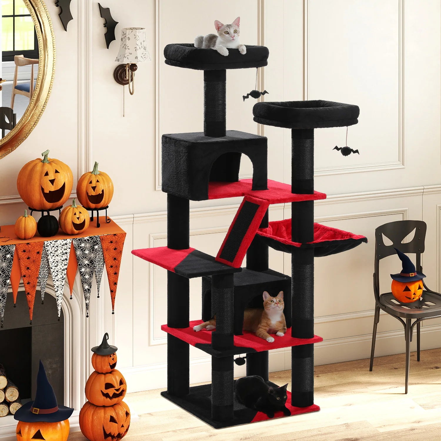 Stable&Safe Multi-Level Cat Tree Tower with Cozy Condo,Scratching Posts&Boards,Perches,Hammock,Pompoms for Active Cats,Cat Toys