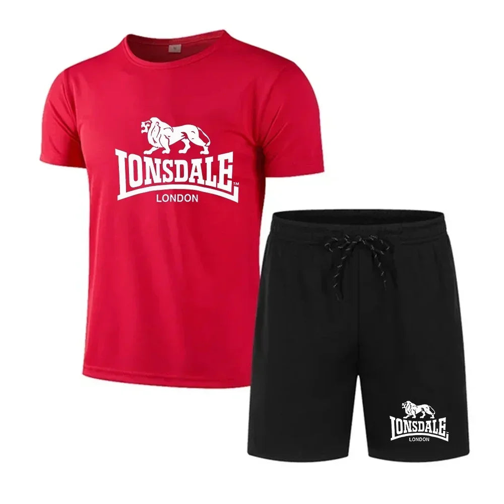 Men's summer T-shirt+shorts mesh set Lonsdale printed quick drying breathable sports set short jogging gym casual sportswear