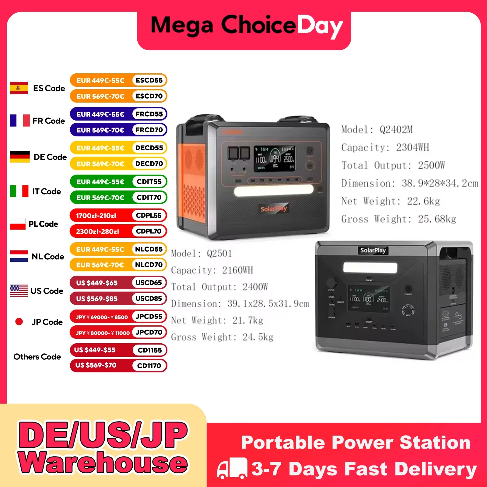 SOLARPLAY Q2501 Q2402M Portable Power Station 2160WH 2304WH LiFePO4 Battery with 2400W/2500W (4800W Peak) Solar Generator