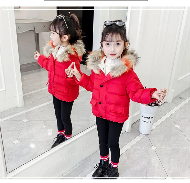 Baby Girl Boy Warm Outerwear 2023 Winter New Children Down Jacket Big Fur Collar Coat Kids Clothes Solid Thicken Girl Boy Jacket