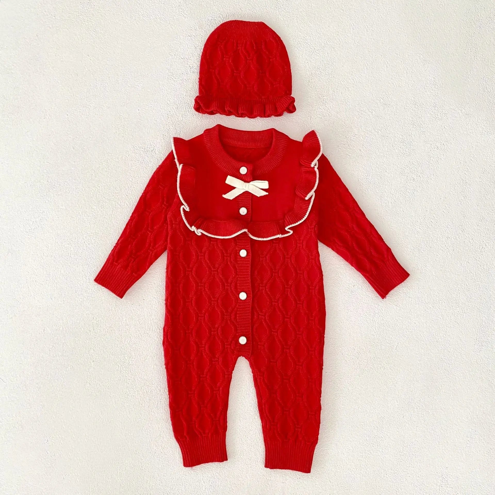 Christmas Baby Rompers Clothes Hat Autumn Winter Knitted Bow Newborn Girls Jumpsuits Fashion Solid Plain Toddler Kids Rompers