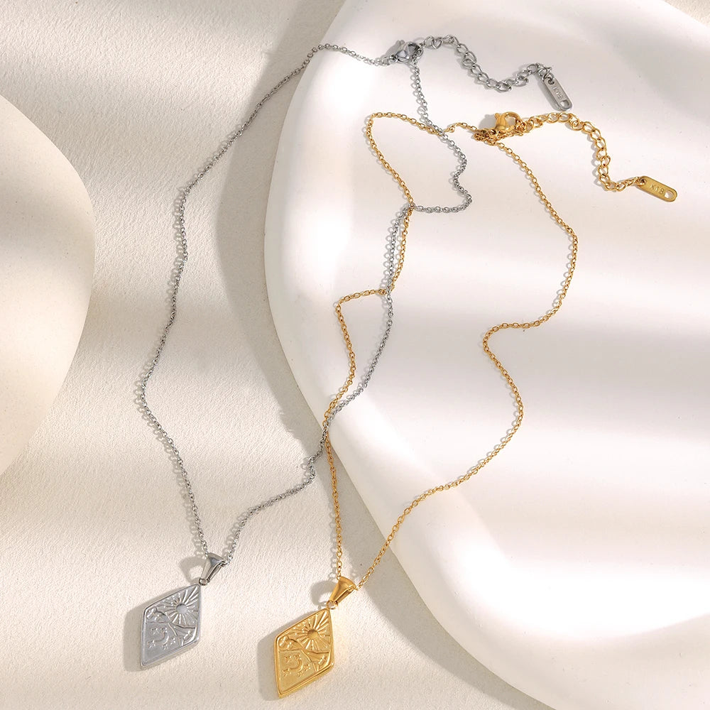 EBbelle 18k Gold Plated Rhombus Shape Moon Sun Pendant Necklace Stainless Steel Waterproof Fashion Unique Women's Jewelry