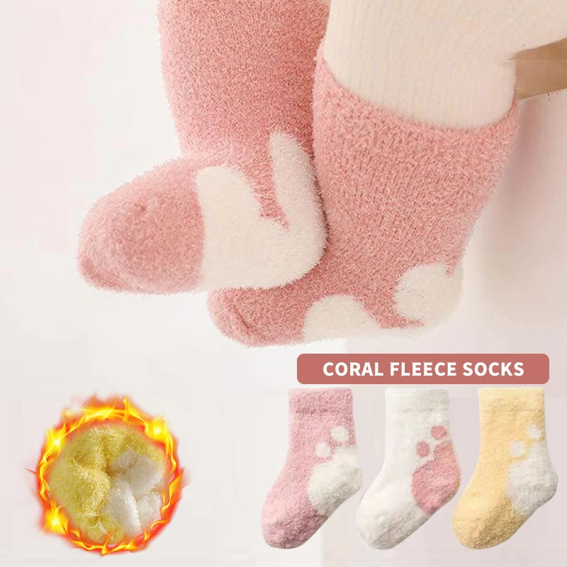 3 Pairs Unisex Newborn Baby Socks Soft Mink-like Fabric Solid Colour Bear Paw Design for Boys And Girls