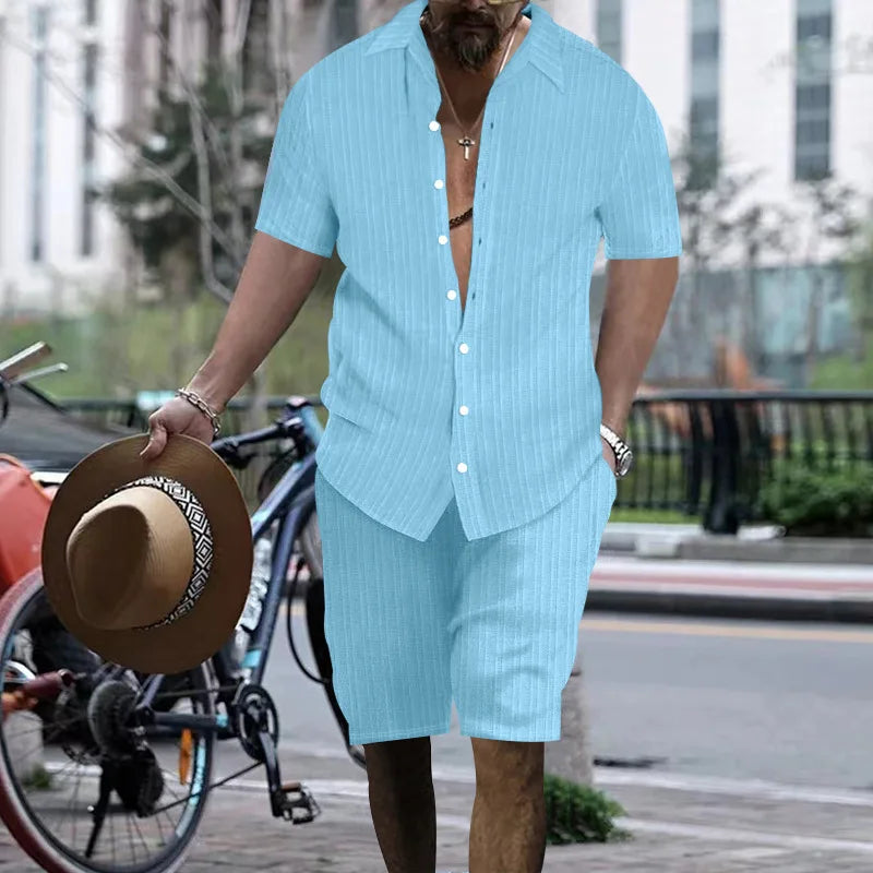 Summer European and American Style Men's Clothing Short Sleeve Cardigan Suit Men's Casual Loose Short Sleeves Shorts Beach Suit